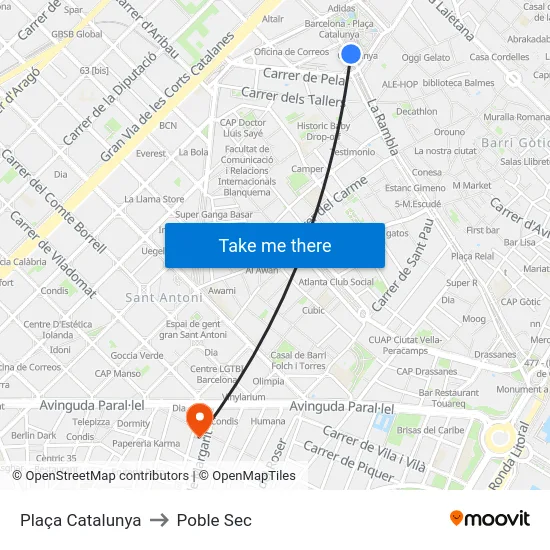 Plaça Catalunya to Poble Sec map