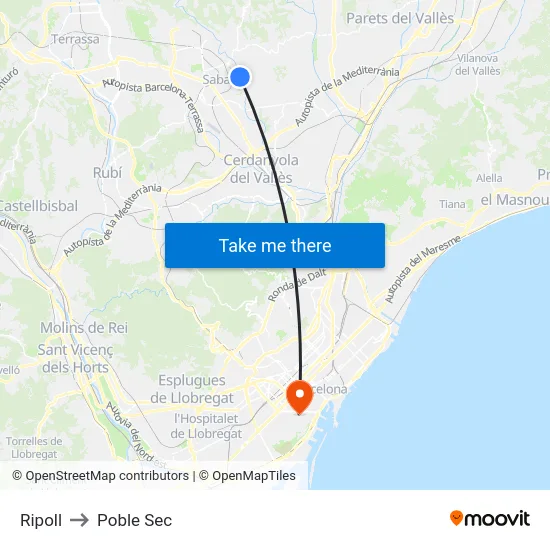 Ripoll to Poble Sec map
