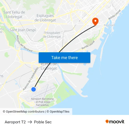 Aeroport T2 to Poble Sec map