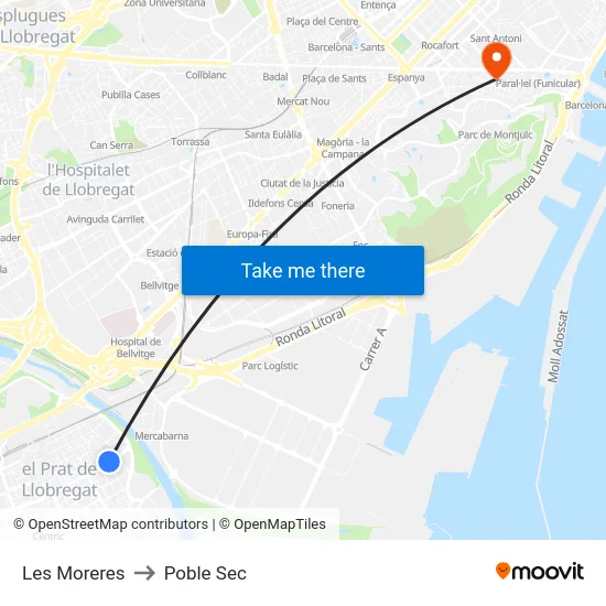 Les Moreres to Poble Sec map