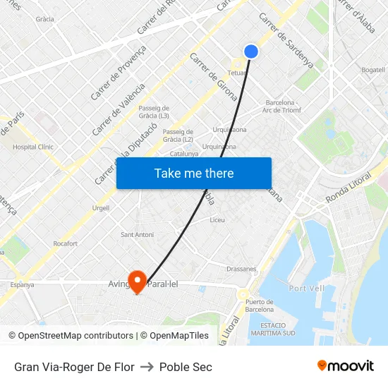 Gran Via-Roger De Flor to Poble Sec map