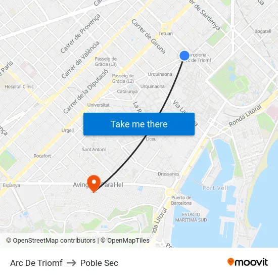 Arc De Triomf to Poble Sec map