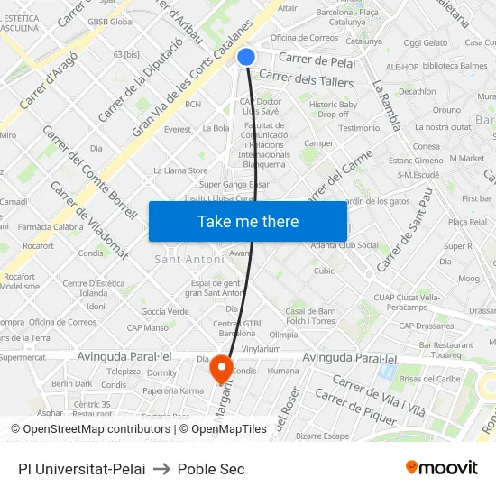 Pl Universitat-Pelai to Poble Sec map
