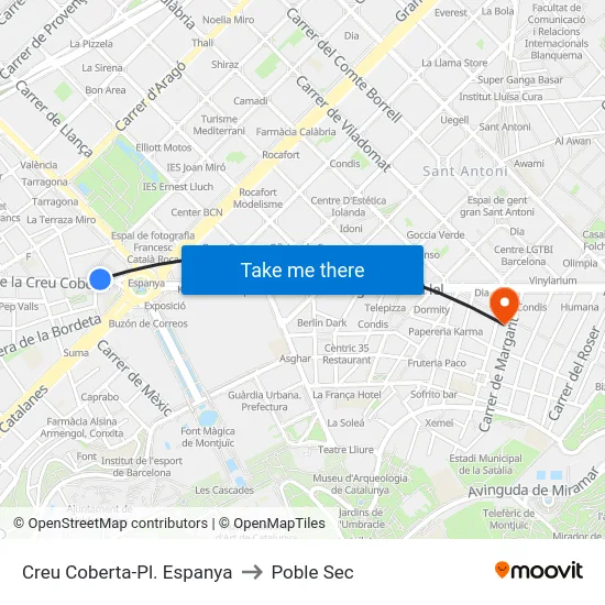 Creu Coberta-Pl. Espanya to Poble Sec map