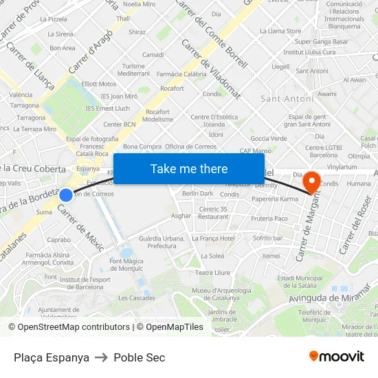 Plaça Espanya to Poble Sec map