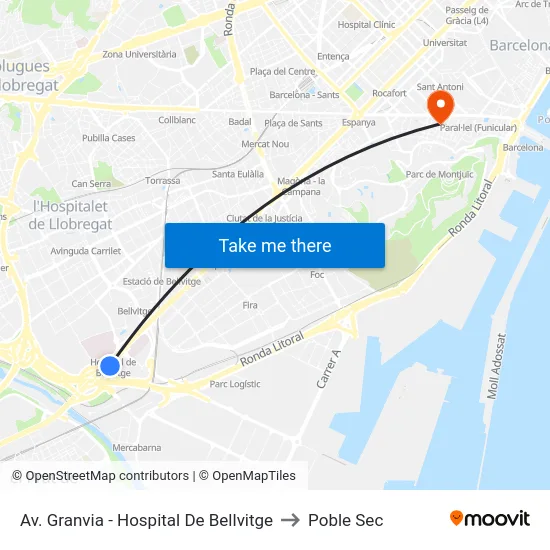 Av. Granvia - Hospital De Bellvitge to Poble Sec map