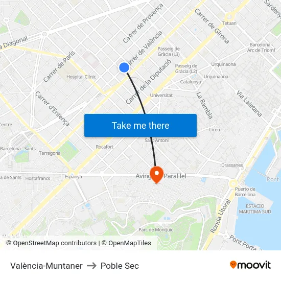 València-Muntaner to Poble Sec map