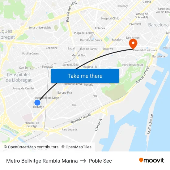 Metro Bellvitge Rambla Marina to Poble Sec map