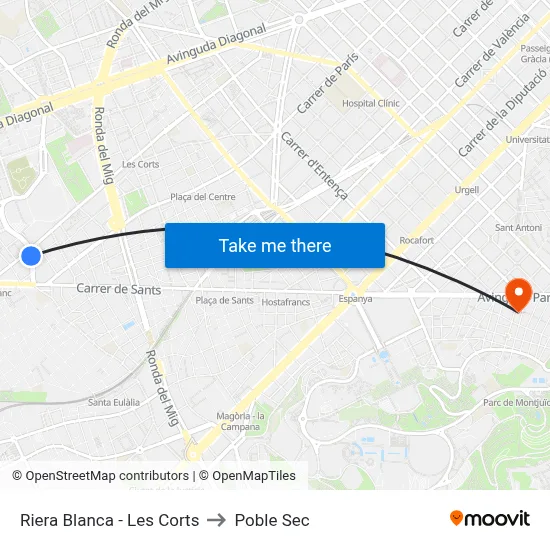 Riera Blanca - Les Corts to Poble Sec map