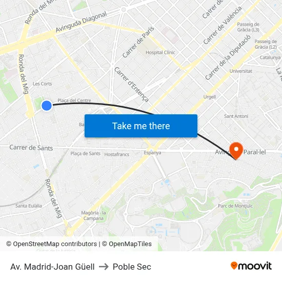Av. Madrid-Joan Güell to Poble Sec map