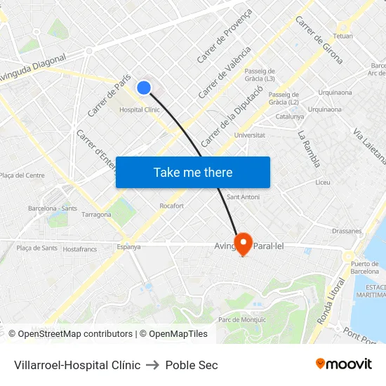Villarroel-Hospital Clínic to Poble Sec map
