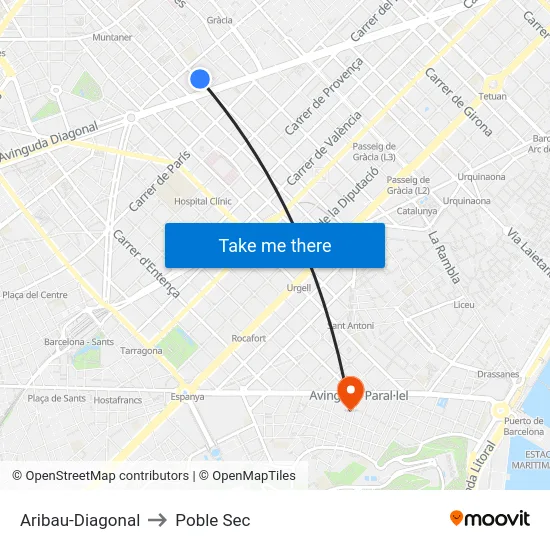 Aribau-Diagonal to Poble Sec map