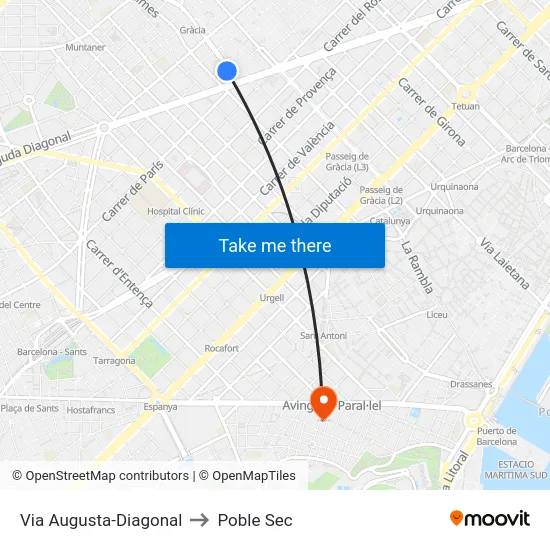 Via Augusta-Diagonal to Poble Sec map