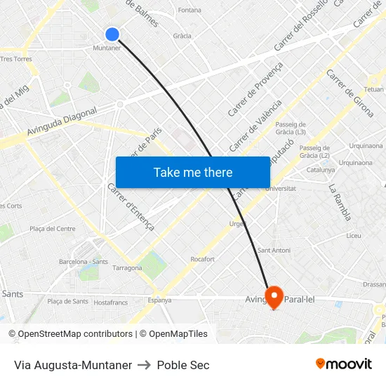 Via Augusta-Muntaner to Poble Sec map