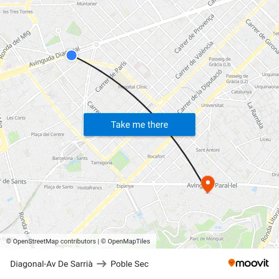 Diagonal-Av De Sarrià to Poble Sec map