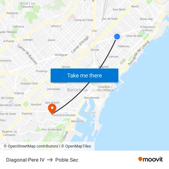 Diagonal-Pere IV to Poble Sec map