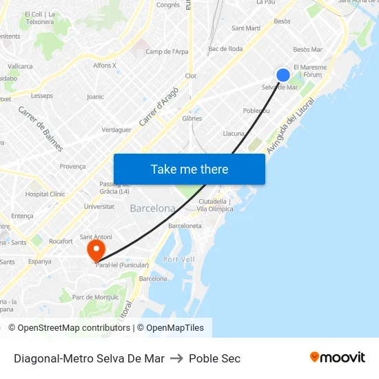 Diagonal-Metro Selva De Mar to Poble Sec map