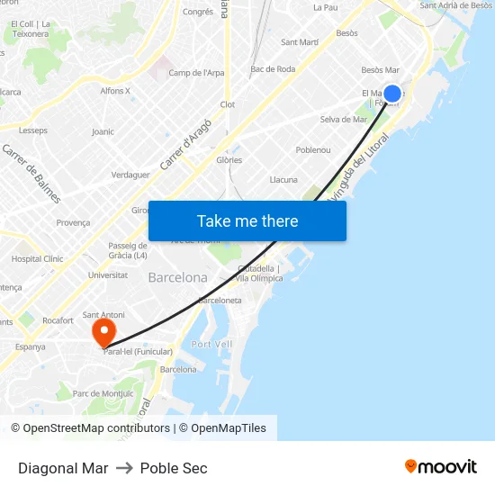 Diagonal Mar to Poble Sec map