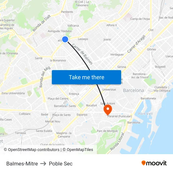 Balmes-Mitre to Poble Sec map