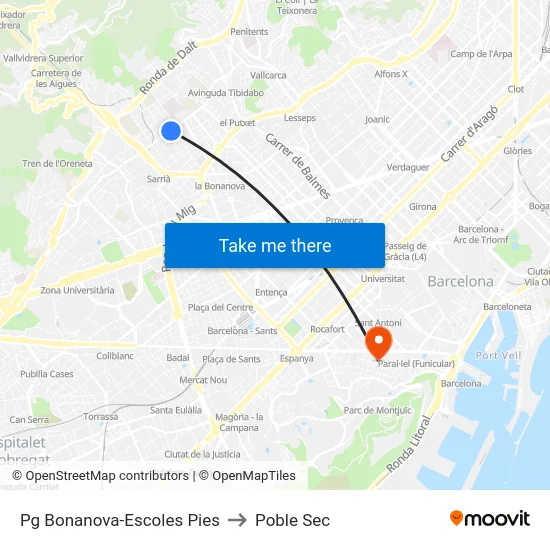 Pg Bonanova-Escoles Pies to Poble Sec map