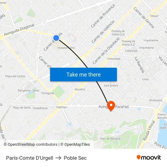 París-Comte D'Urgell to Poble Sec map