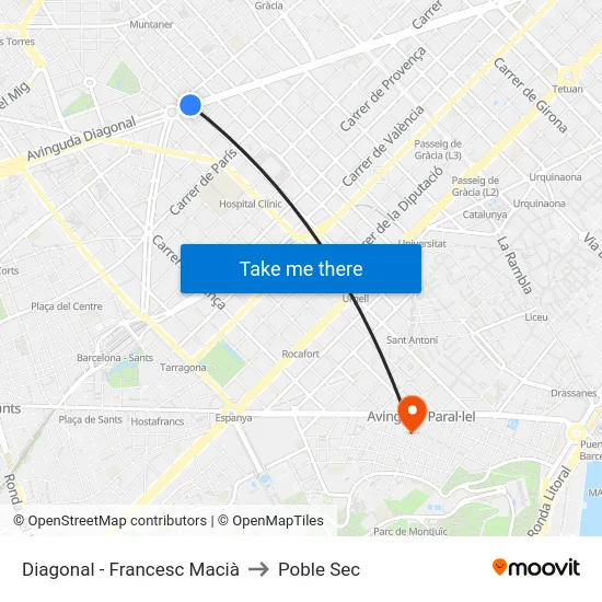 Diagonal - Francesc Macià to Poble Sec map