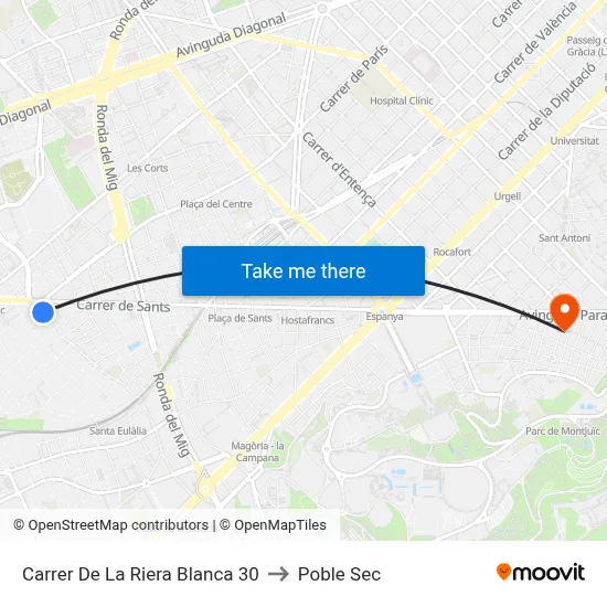 Carrer De La Riera Blanca 30 to Poble Sec map