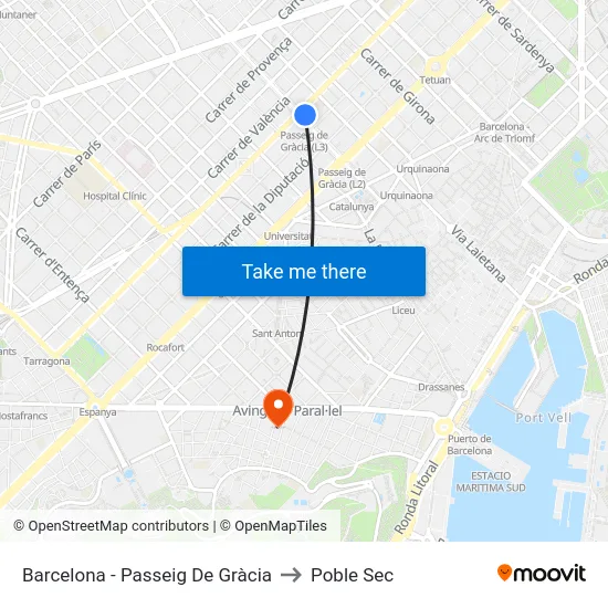 Barcelona - Passeig De Gràcia to Poble Sec map