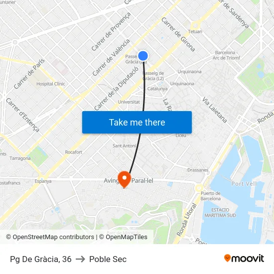 Pg De Gràcia, 36 to Poble Sec map