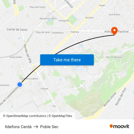 Ildefons Cerdà to Poble Sec map