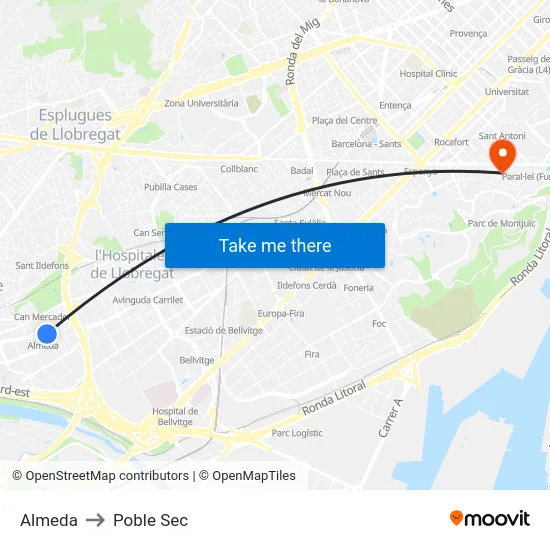 Almeda to Poble Sec map
