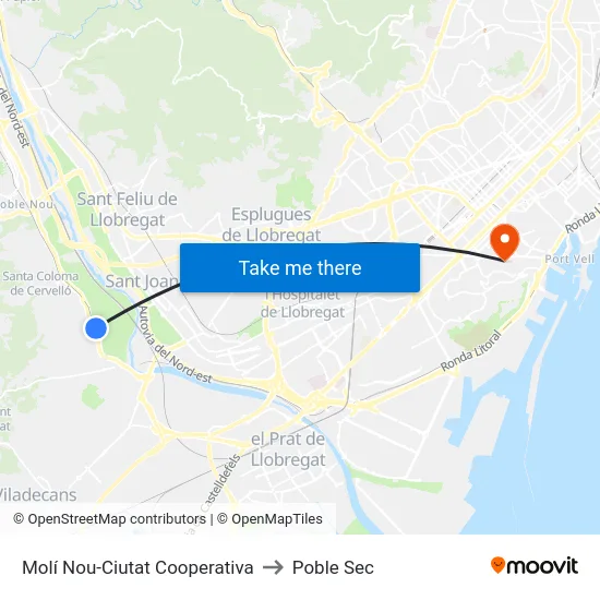 Molí Nou-Ciutat Cooperativa to Poble Sec map