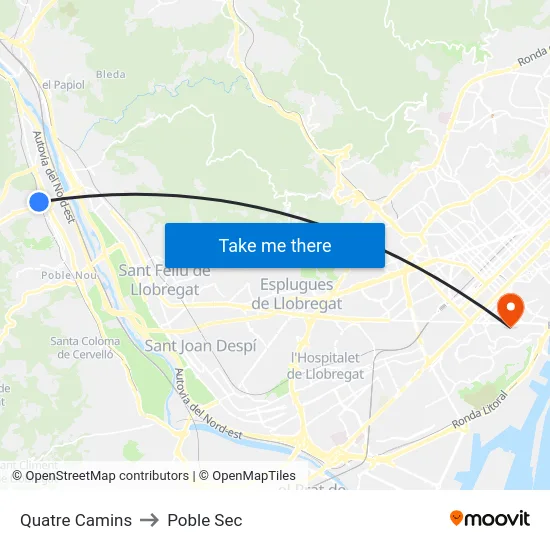 Quatre Camins to Poble Sec map