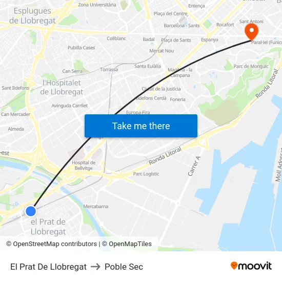 El Prat De Llobregat to Poble Sec map