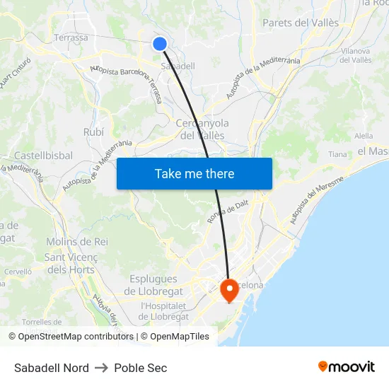 Sabadell Nord to Poble Sec map