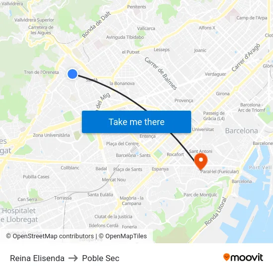 Reina Elisenda to Poble Sec map