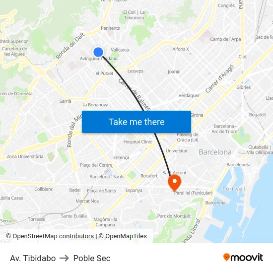 Av. Tibidabo to Poble Sec map