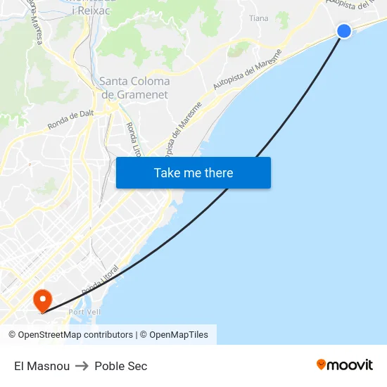 El Masnou to Poble Sec map