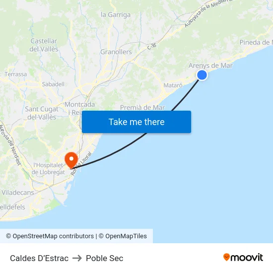 Caldes D’Estrac to Poble Sec map