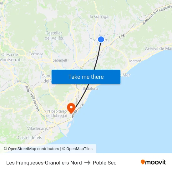 Les Franqueses-Granollers Nord to Poble Sec map