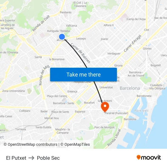 El Putxet to Poble Sec map