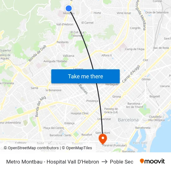 Metro Montbau - Hospital Vall D'Hebron to Poble Sec map