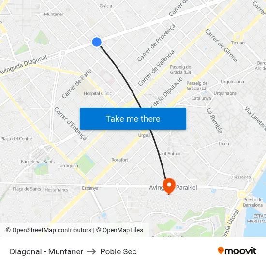 Diagonal - Muntaner to Poble Sec map