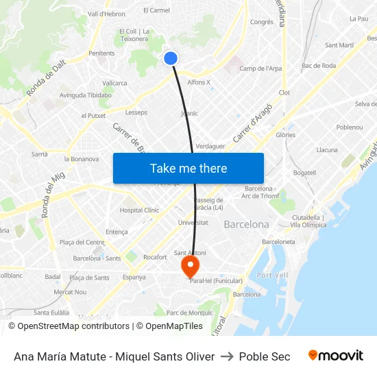 Ana María Matute - Miquel Sants Oliver to Poble Sec map