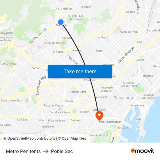 Metro Penitents to Poble Sec map