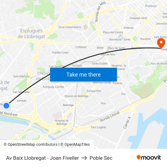 Av Baix Llobregat - Joan Fiveller to Poble Sec map