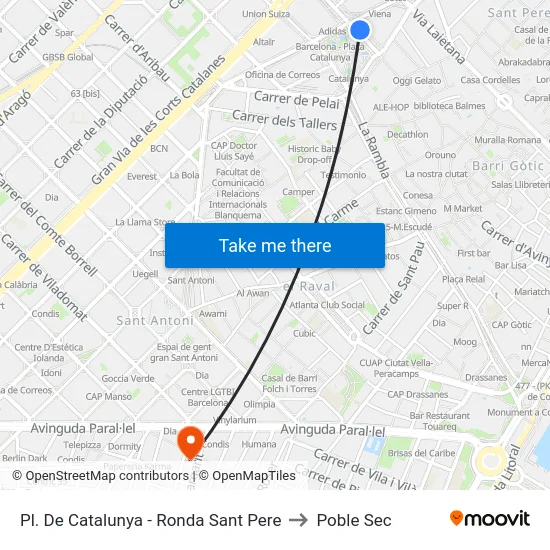 Pl. De Catalunya - Ronda Sant Pere to Poble Sec map