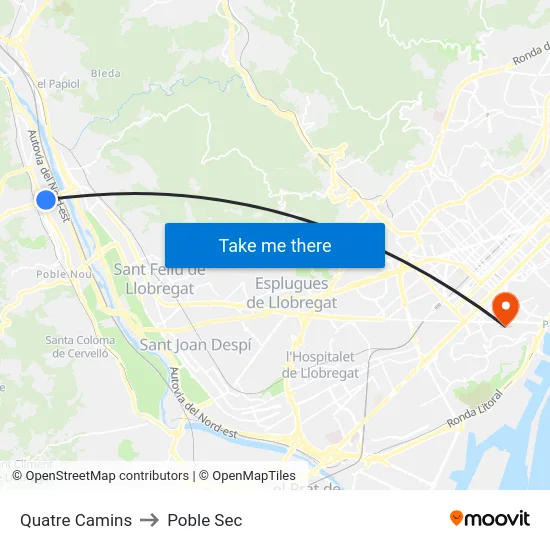 Quatre Camins to Poble Sec map