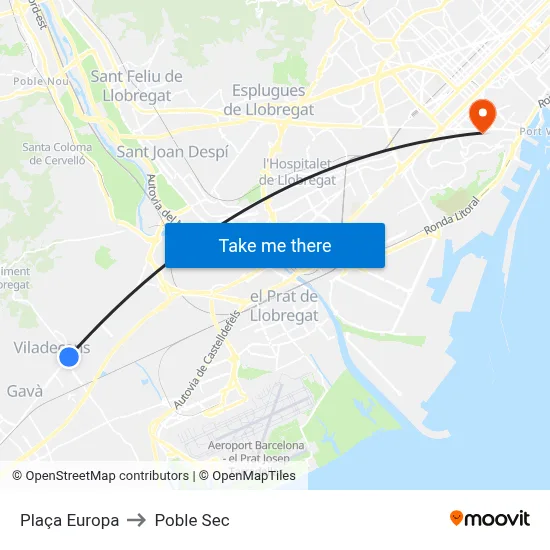 Plaça Europa to Poble Sec map