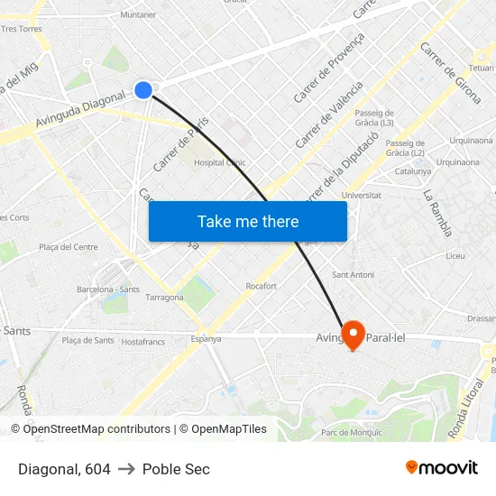 Diagonal, 604 to Poble Sec map